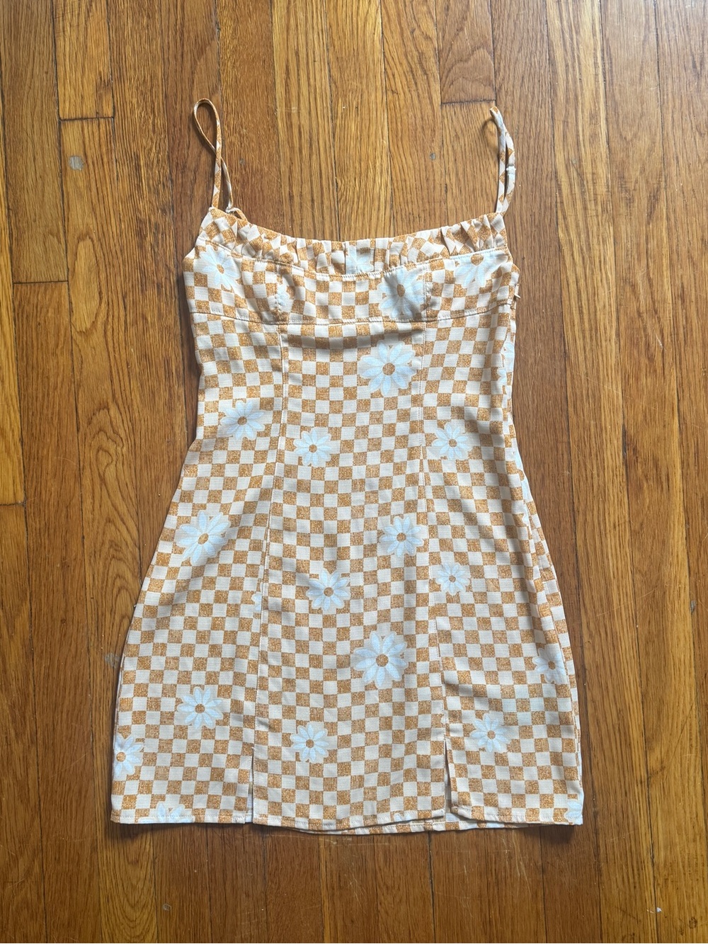 Urban Outfitters Checkerboard Daisy Mini Dress in Mustard and White